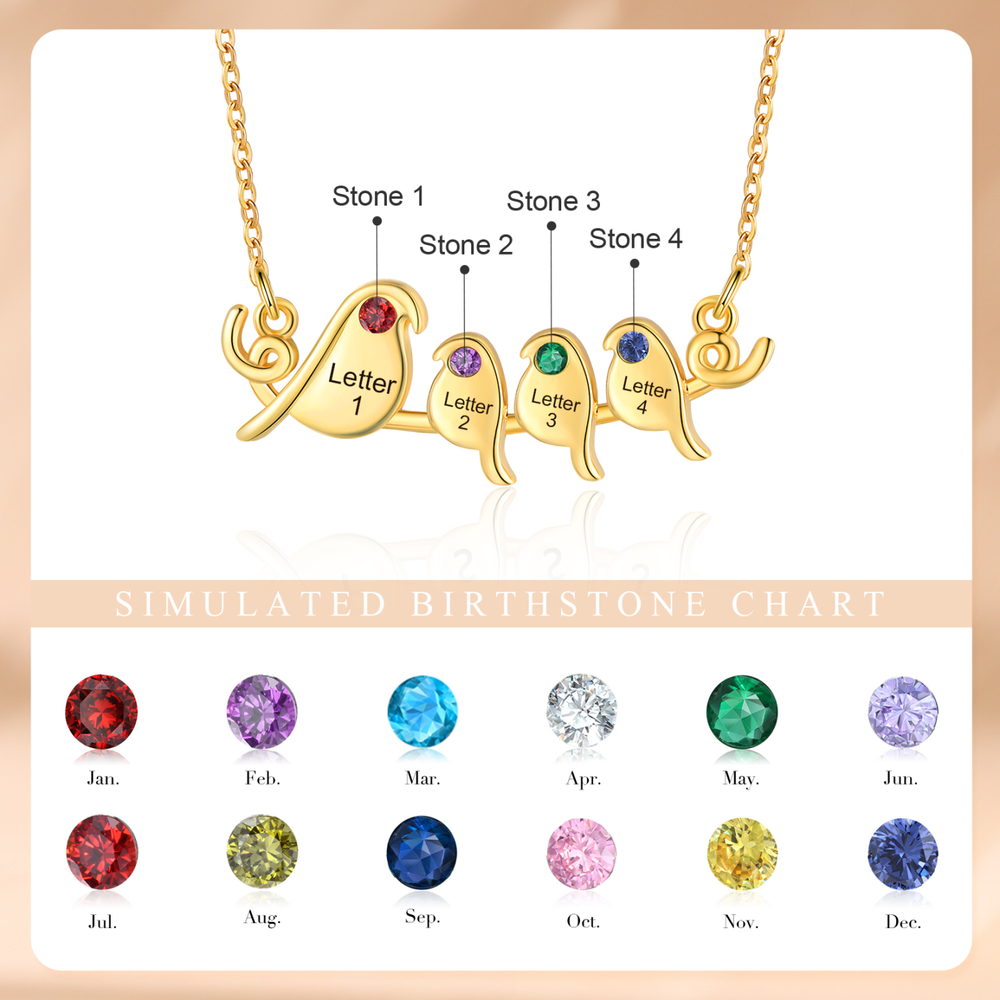 Collier Petit Oiseau 4 Lettres et Pierres de Naissance Personnalisés Collier Femmes