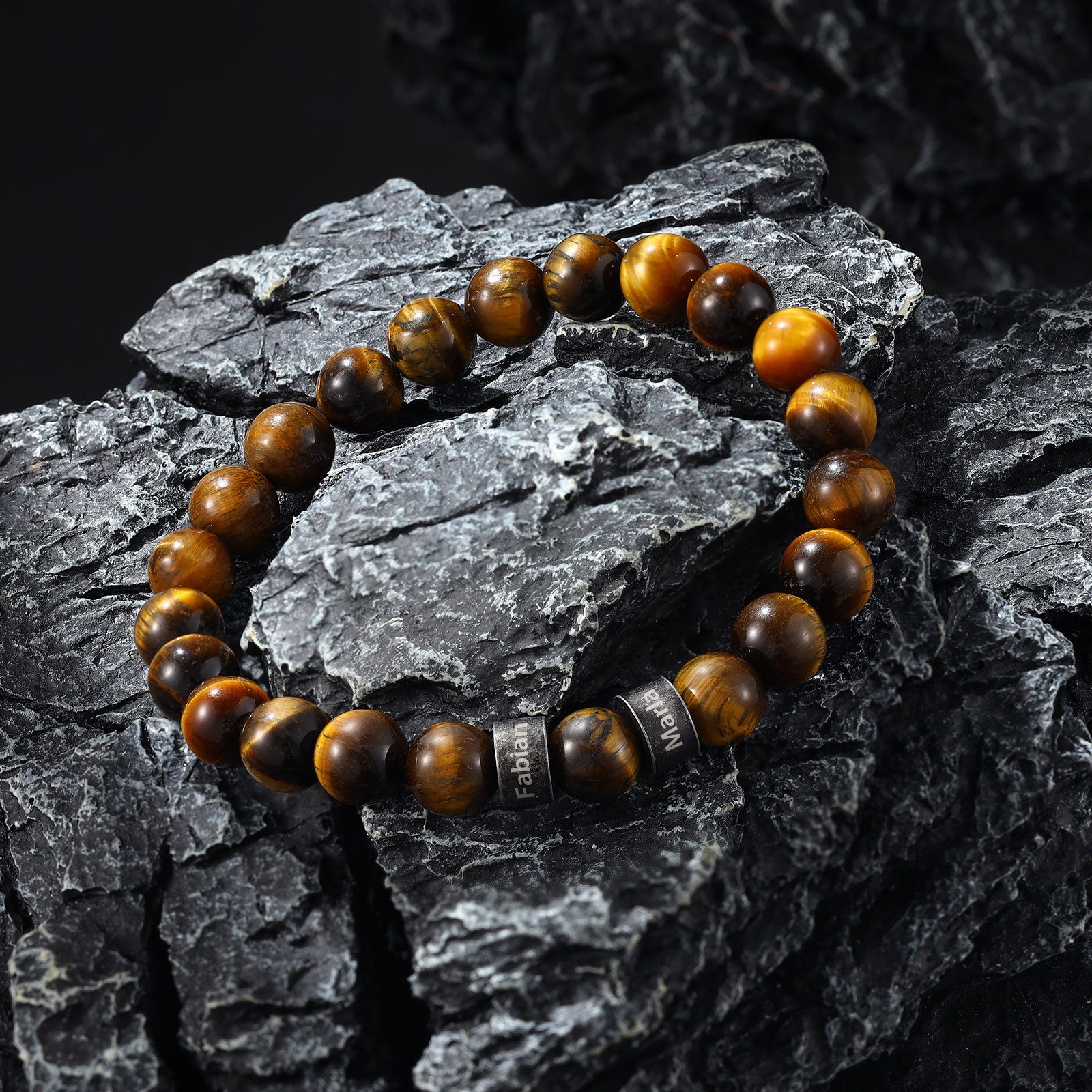 Bracelet d'Oeil de Tigre avec 2 Prénoms Personnalisés pour Homme