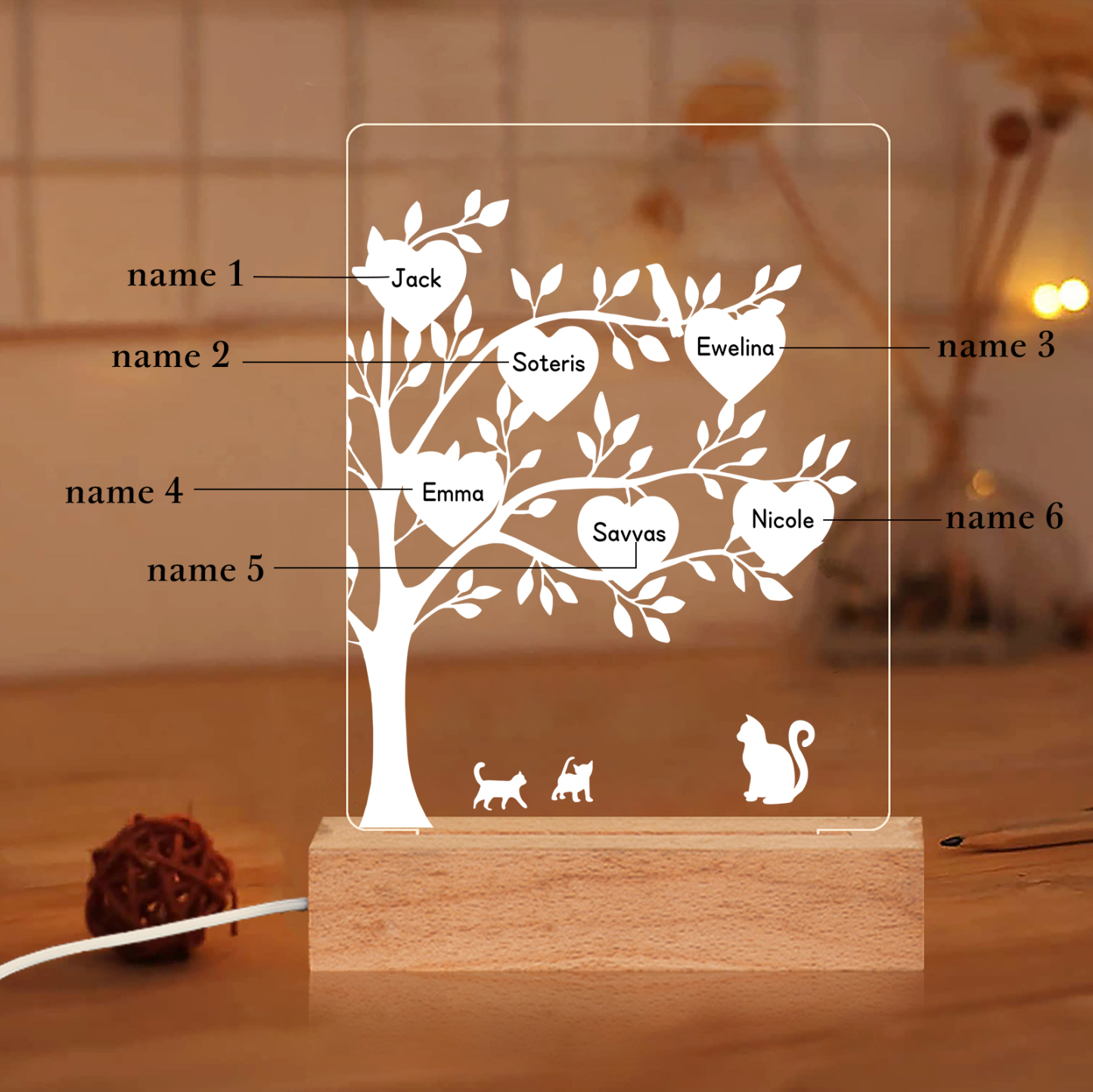 À Maman/Mamie - Lampe de chevet LED Arbre et Chat 6 Prénoms Personnalisés