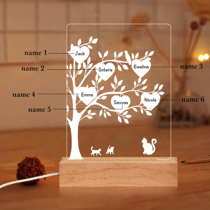 À Maman/Mamie - Lampe de chevet LED Arbre et Chat 6 Prénoms Personnalisés