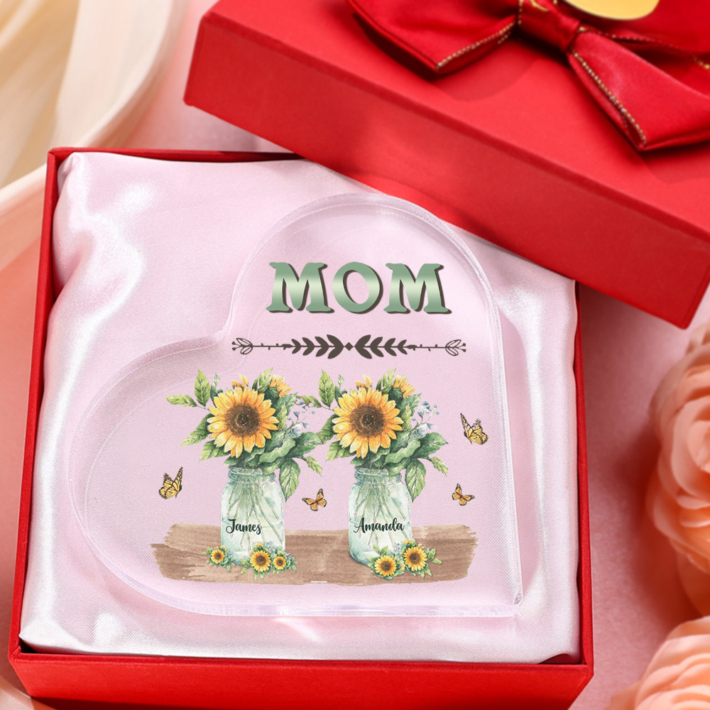 À ma Maman/Mamie - Plaque Acrylique en Forme de Cœur Fleurs 2 Prénoms Personnalisés avec 1 Texte