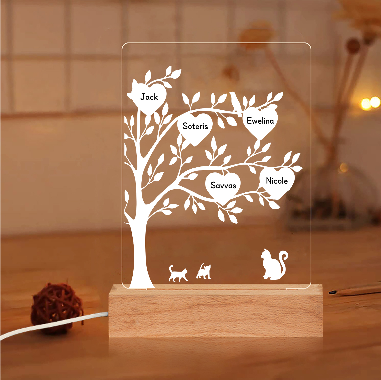 À Maman/Mamie - Lampe de chevet LED Arbre et Chat 5 Prénoms Personnalisés
