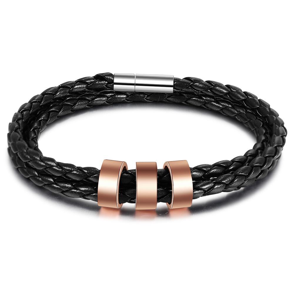 Bracelet Cuir tressé Prénom Personnalisé Cadeau papa Avec 3 Perles