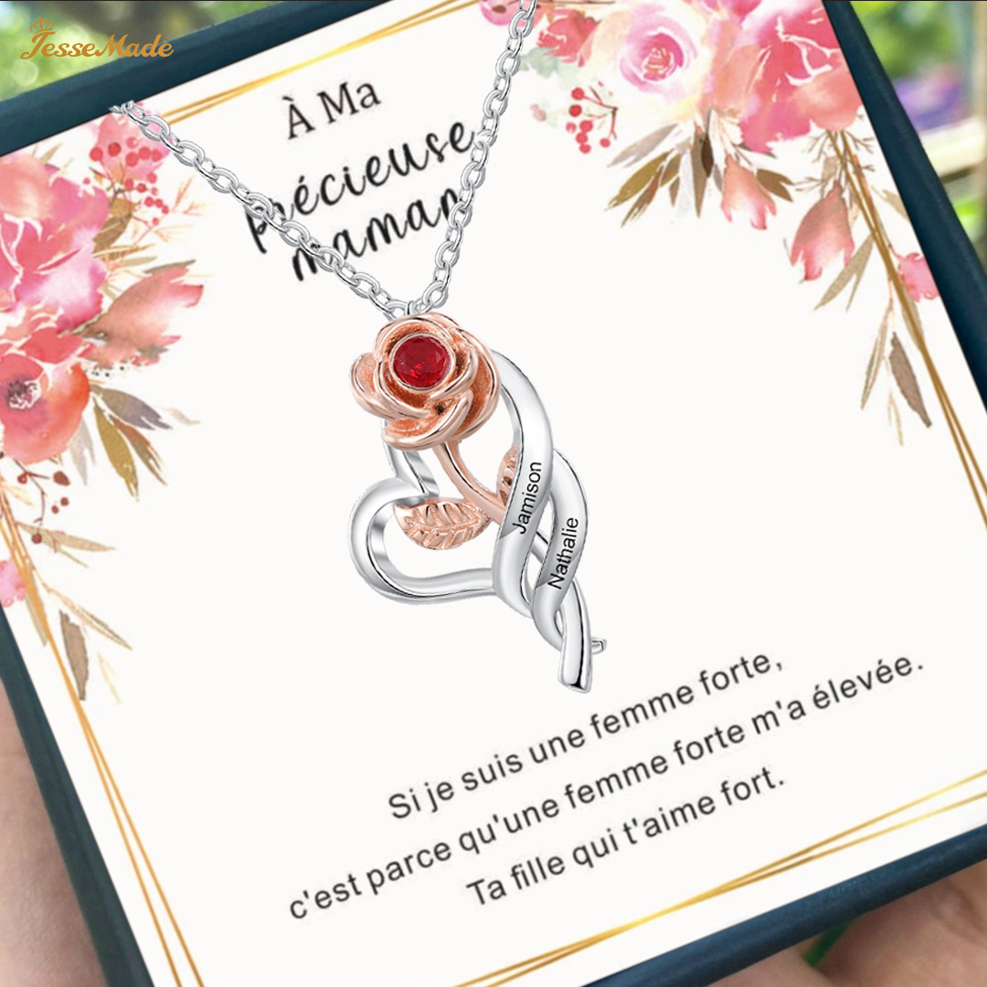 Collier Rose et Cœur avec Pierre de Naissance Personnalisée - Cadeau d'Amour | Jessemade