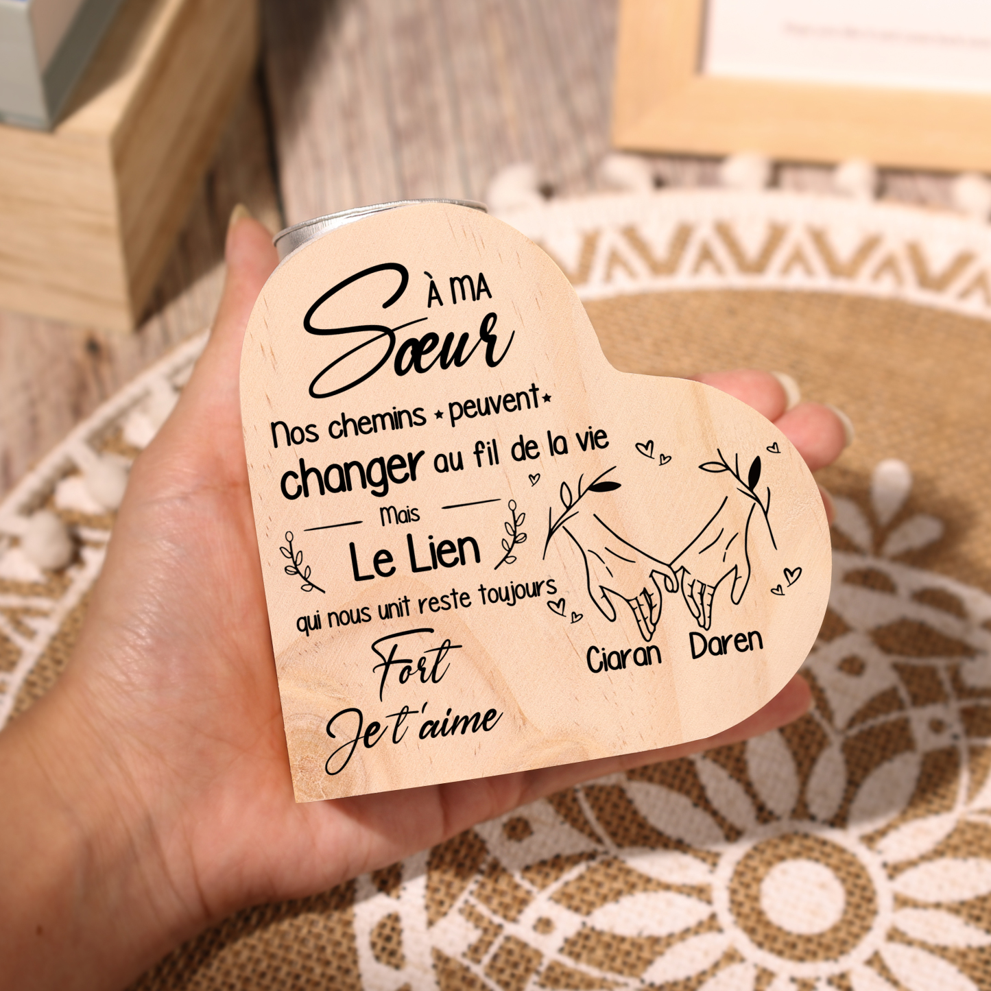 À Ma Sœur - Bougeoir en Bois 2 Prénoms Personnalisés sans bougie