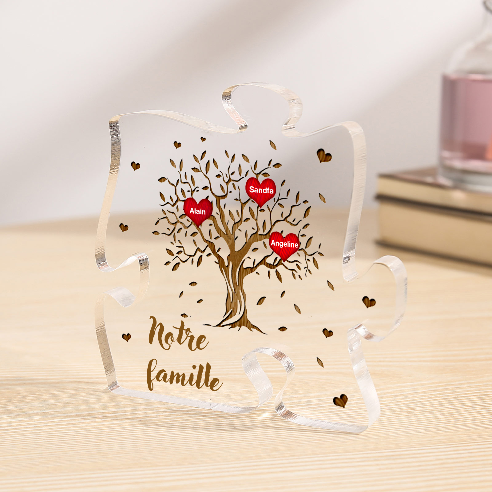 Plaque Acrylique en forme de Puzzle Arbre de Vie 3 Prénoms et Texte Personnalisés