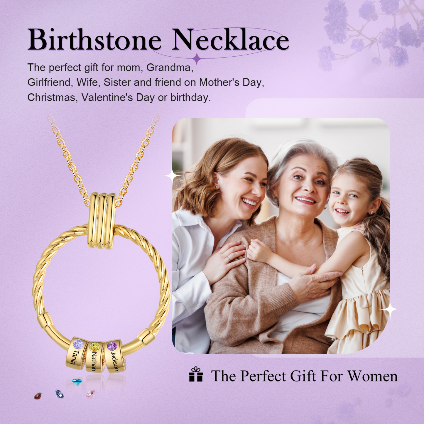 Collier Pendentif 3 Prénoms et Perles Personnalisés avec Pierres de Naissance Collier Femmes