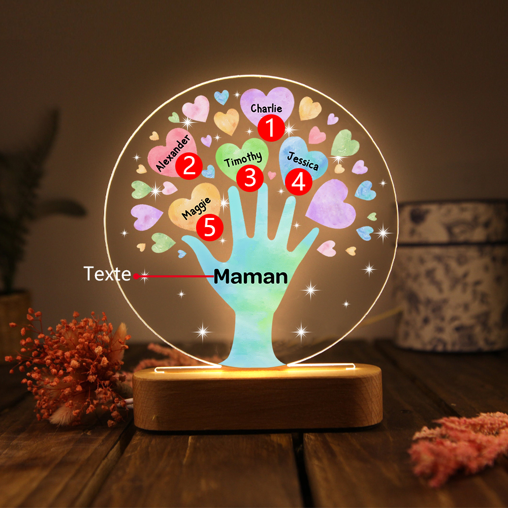 À Maman/Mamie - Lampe de chevet LED Lumières Cœur 5 Prénoms Personnalisés avec 1 Texte pour Famille