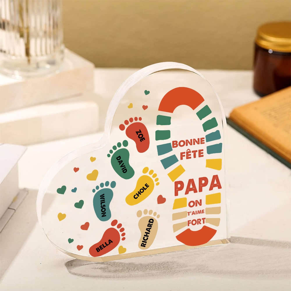 À mon Papa - Plaque Acrylique en Forme de Cœur Empreintes 6 Prénoms Personnalisés