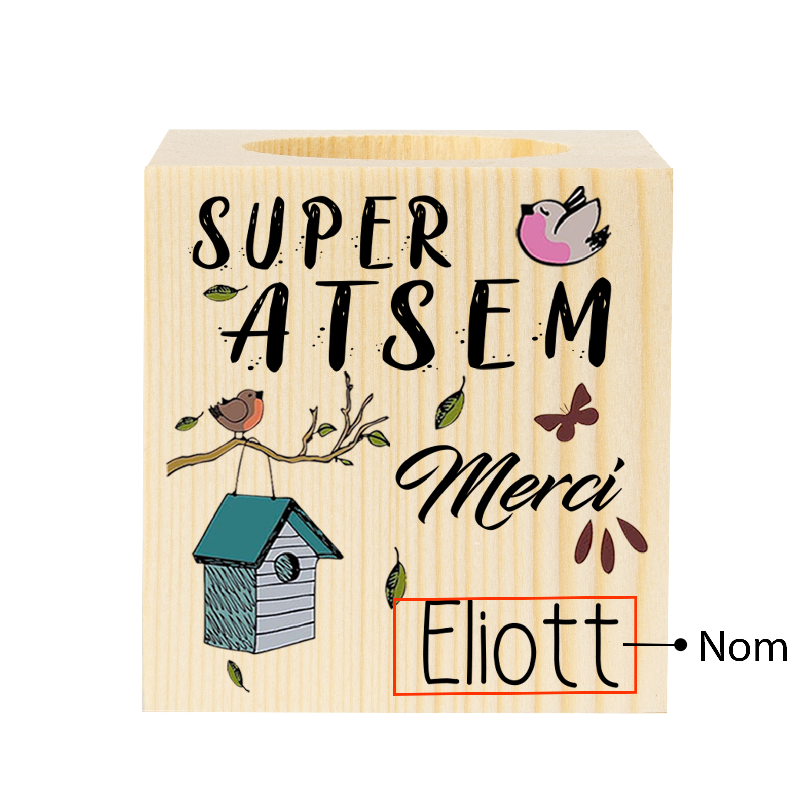 Merci ATSEM-Bougeoir en Bois personnalisé avec Prénom sans Bougie Cadeau fin d’année | Jessemade