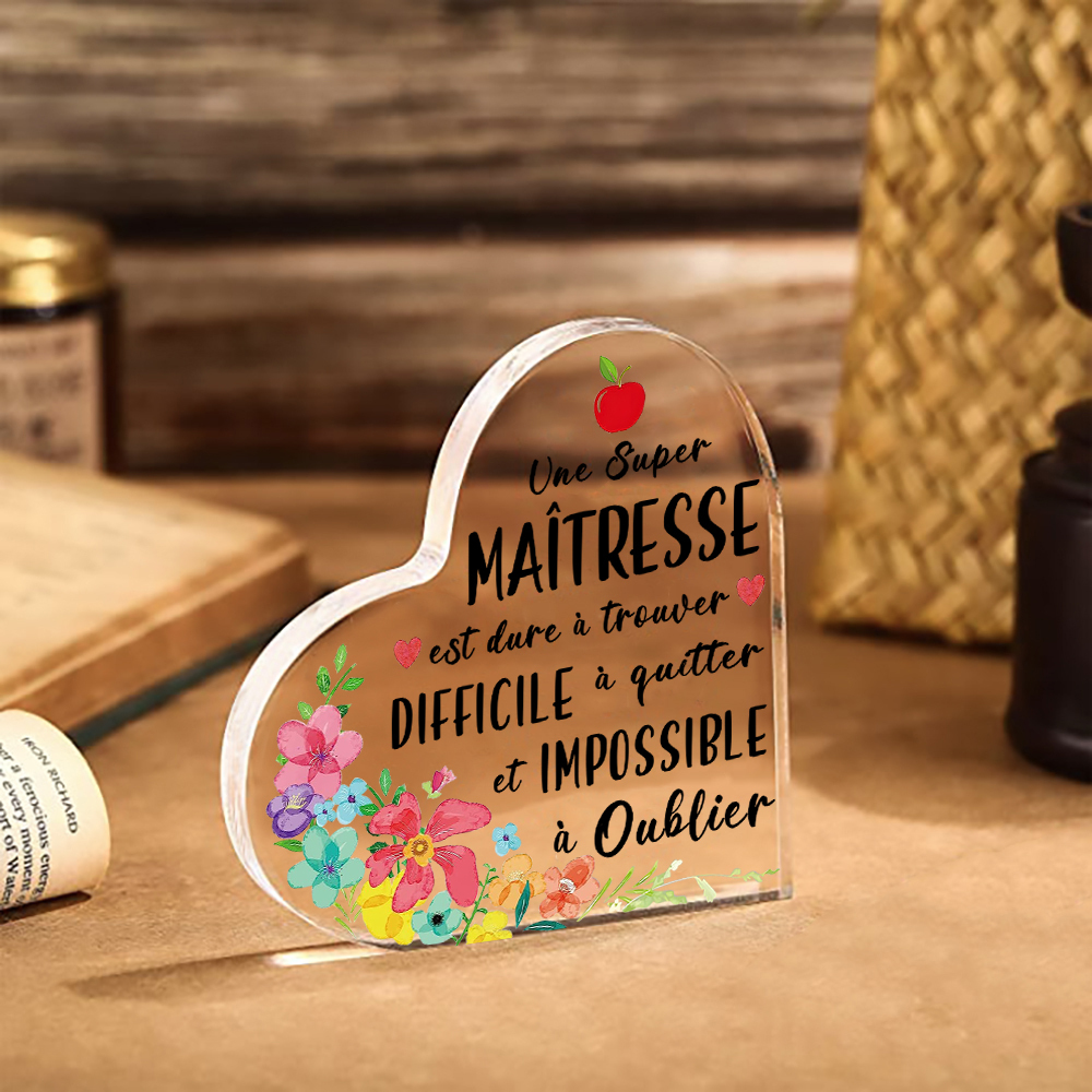 À Ma Maîtresse -Plaque Acrylique en Forme de Cœur avec Message de Remerciement et Motif Floral | Jessemade