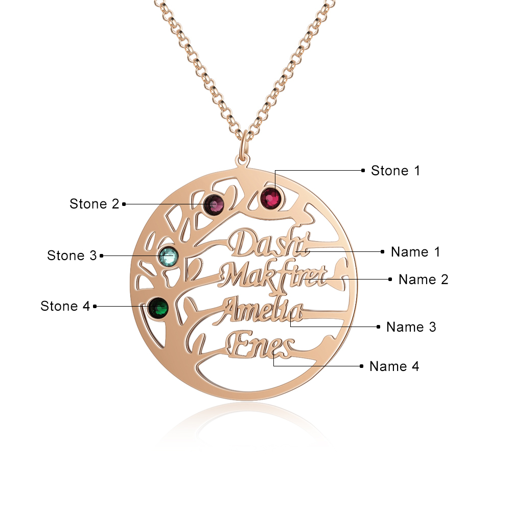 Collier Argent Arbre de vie Arbre généalogique 4 prenoms Avec Pierre De Naissance