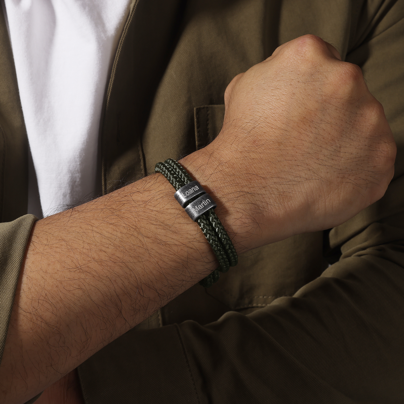 Bracelet 2-4 Noms Personnalisés Bracelet Vintage Homme en Corde Vert foncé