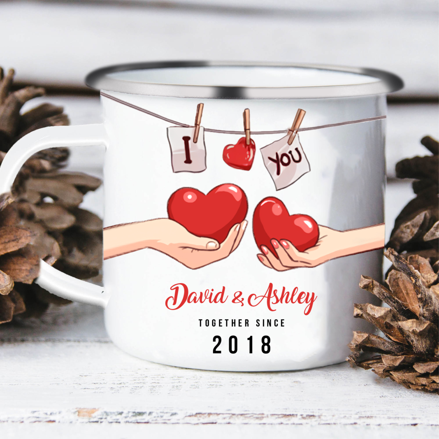 Tasse émaillée 2 Prénoms Personnalisés avec Texte et Année pour Couple