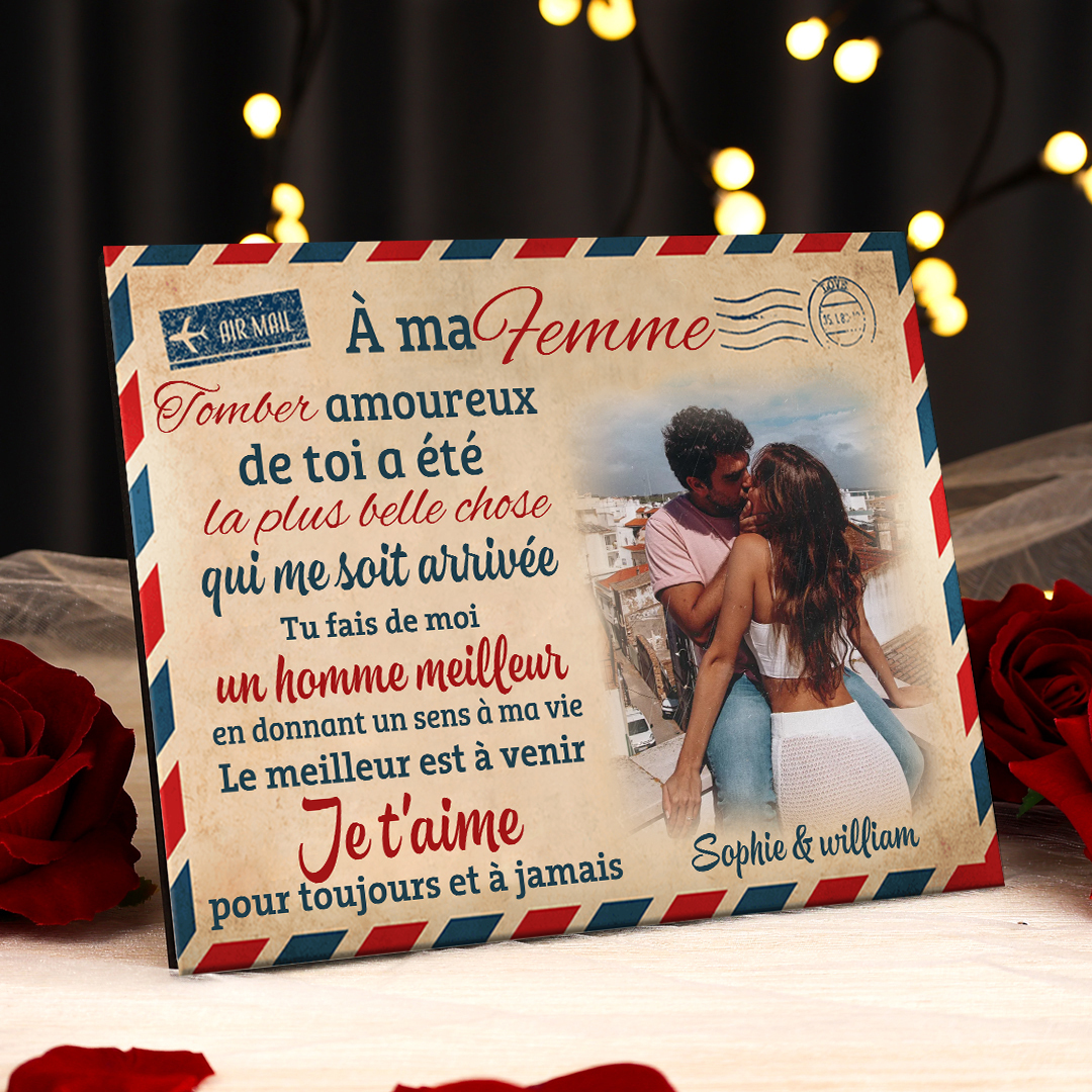 Cadre en Bois 2 Prénoms Personnalisés avec Photo pour Couple Cadeau Saint Valentin