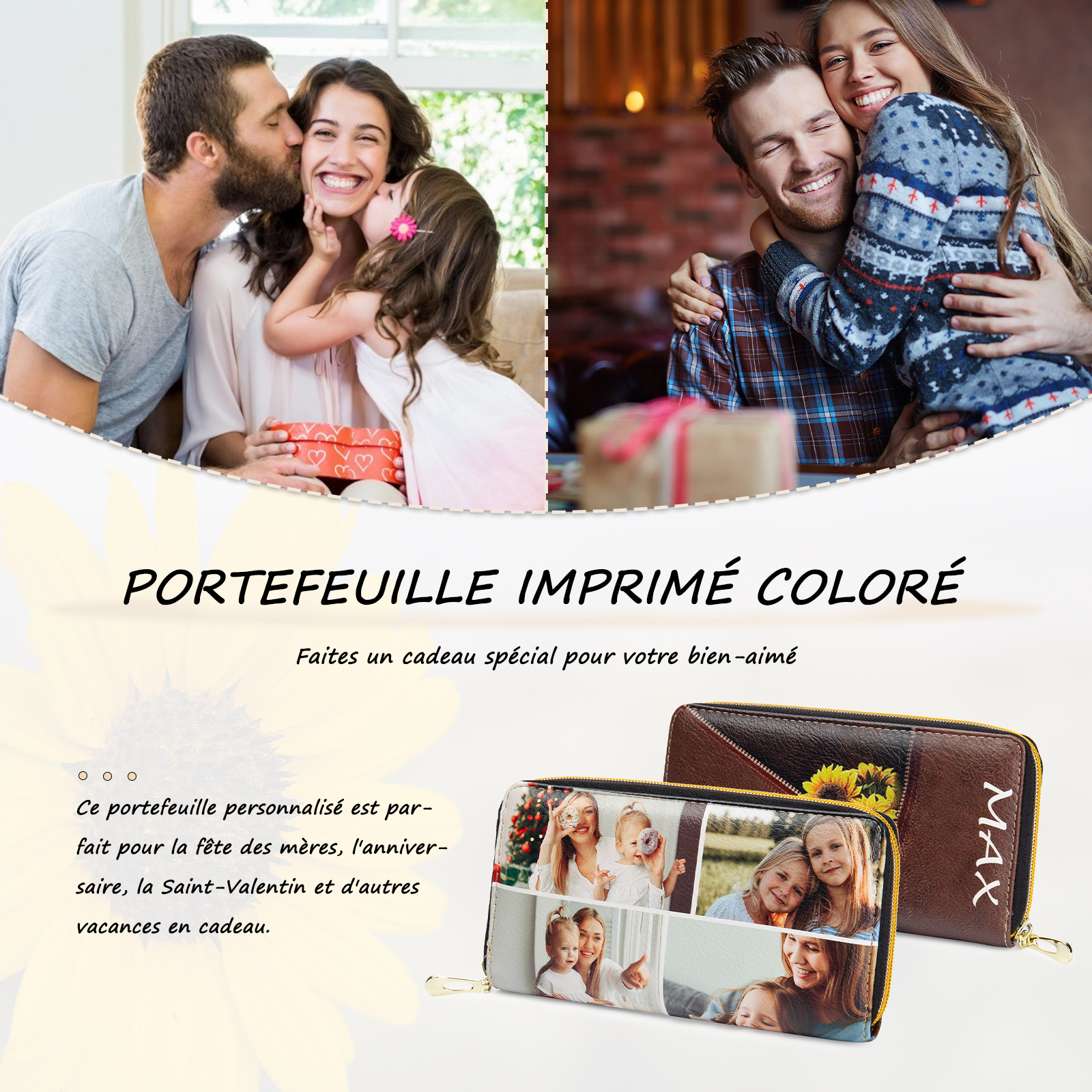 Portefeuille long en cuir PU tournesol 1 Prénom personnalisé avec 4 photo