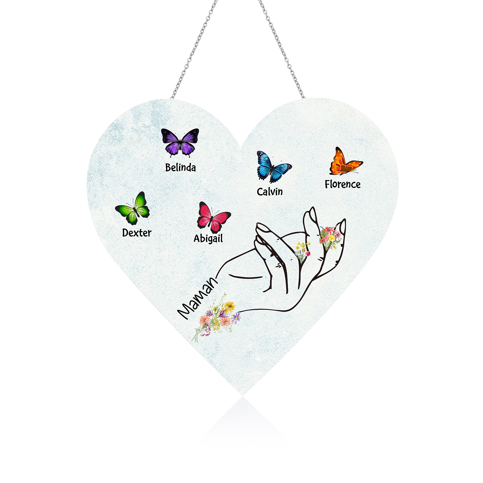 À Maman/Mamie - Veilleuse Cœur Décoration Main et Papillon 5 Prénoms Personnalisés avec 1 Texte