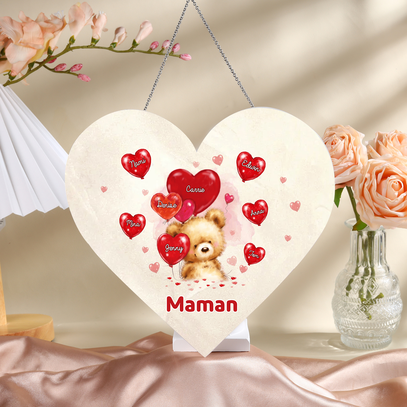 À Maman/Mamie - Veilleuse Cœur Décoration Ours 8 Prénoms Personnalisés avec 1 Texte