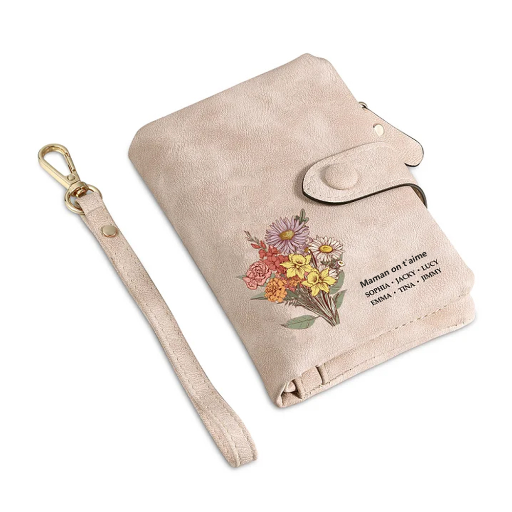 Portefeuille Fleur de naissance 1-6 Prénoms Personnalisés Porte-Monnaie Carte pour Femmes