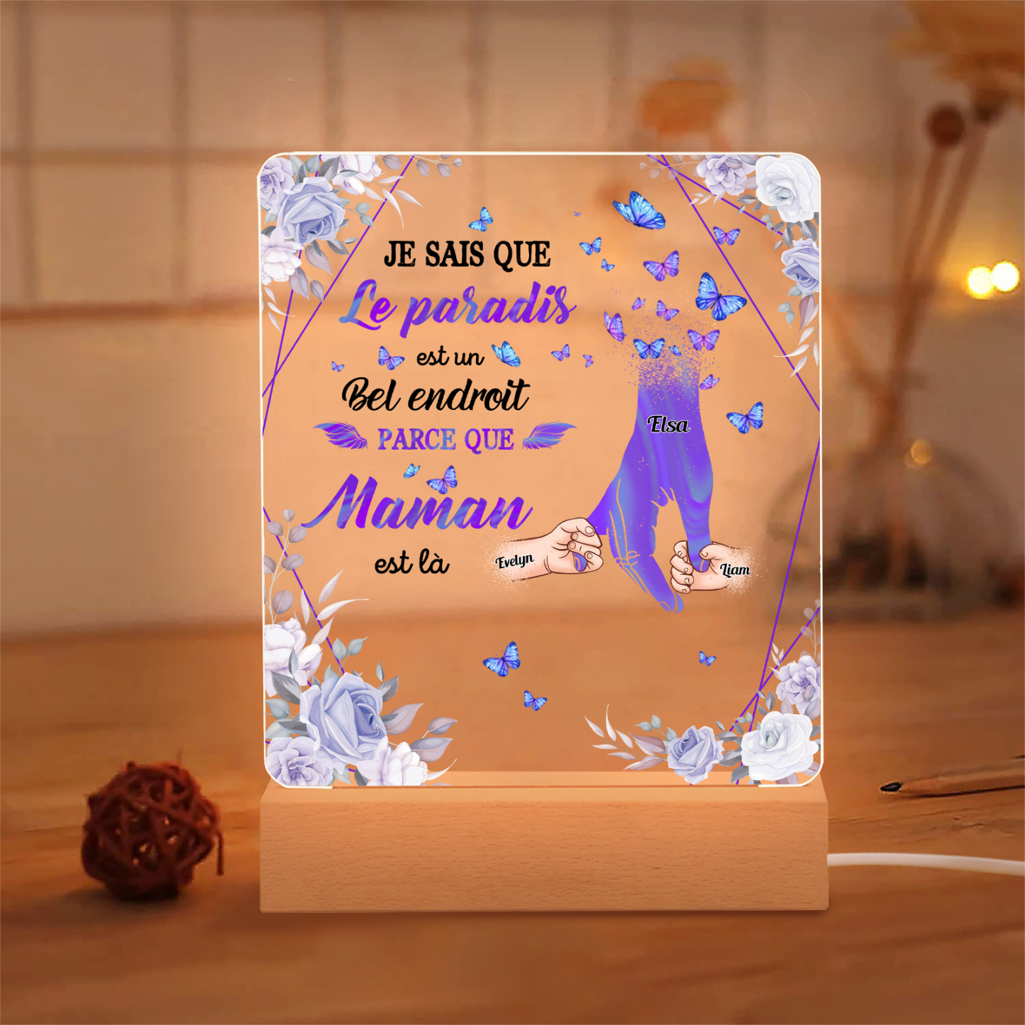 À Maman/Papa - Lampe de chevet LED Commémorative 3 Prénoms Personnalisés avec 1 Texte Lampe de chevet la main dans la main