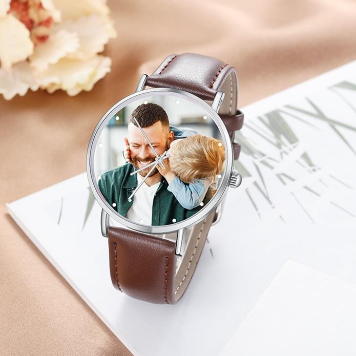 Montre Personnalisée Photo avec Gravure du prénom ou Message Bracelet en Cuir pour Femme