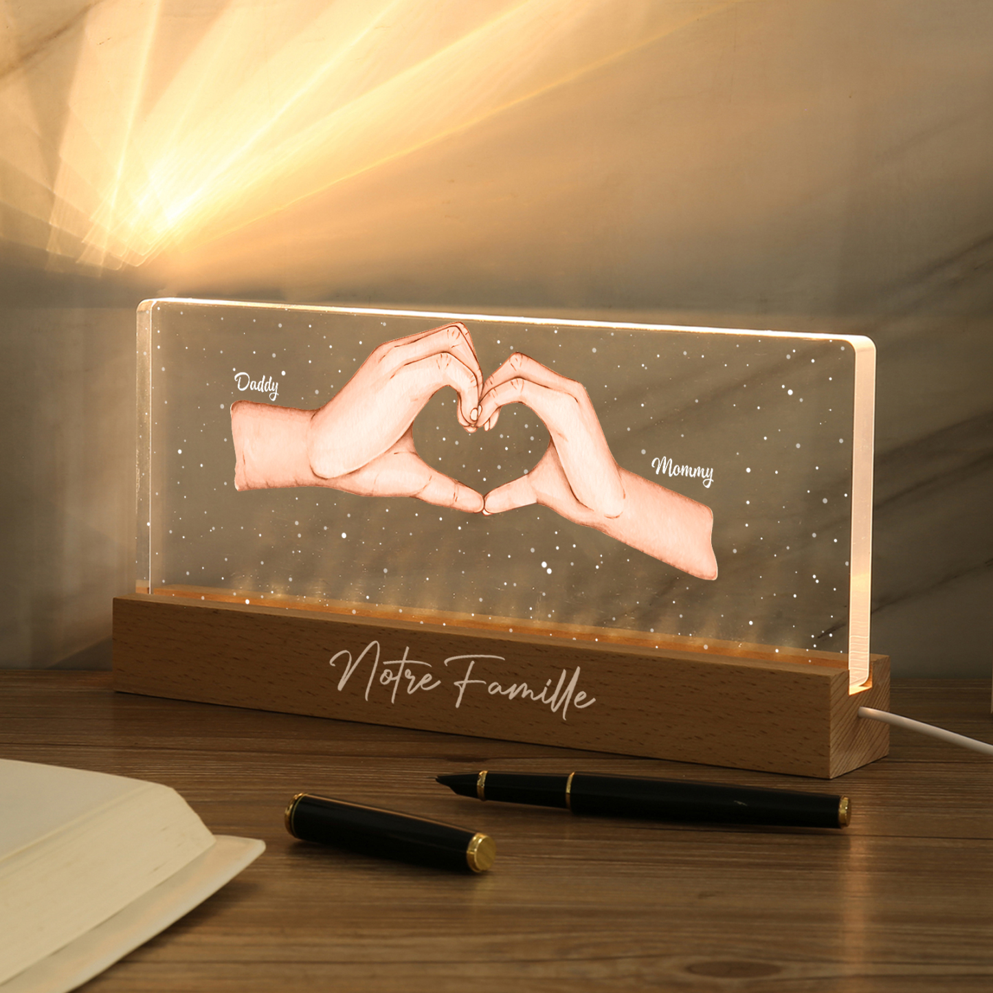 À ma Famille- Lampe de chevet LED la Main dans la Main 2 Prénoms Personnalisés avec Texte