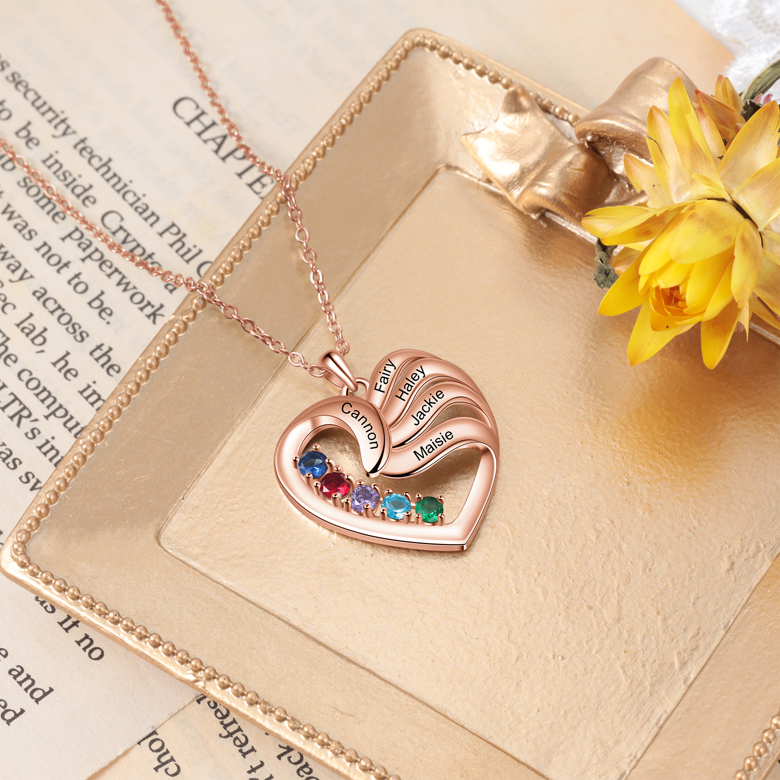 Collier Coeur Personnalisé avec 5 Prénoms 5 pierre de naissance｜Jessemade