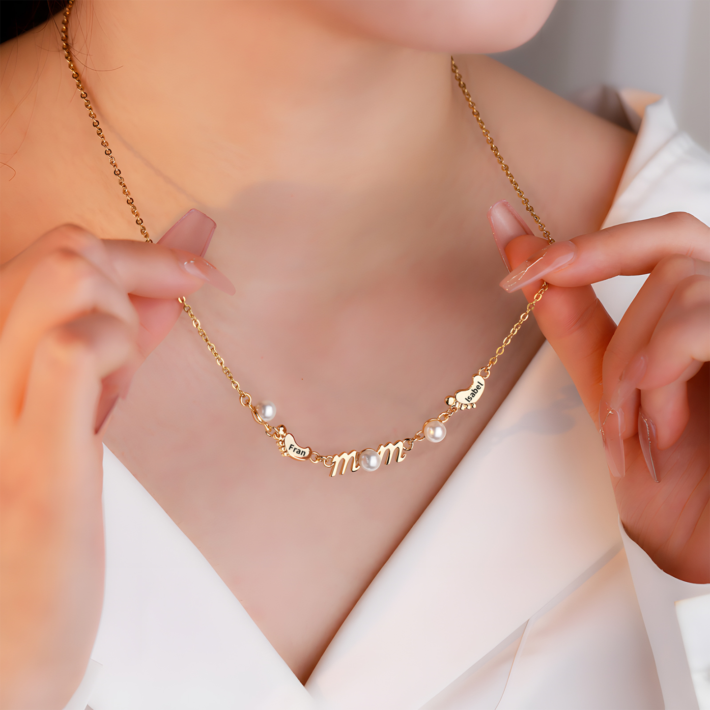 Collier Pieds Bébé et Perles 2 Prénoms Personnalisés Collier pour Maman