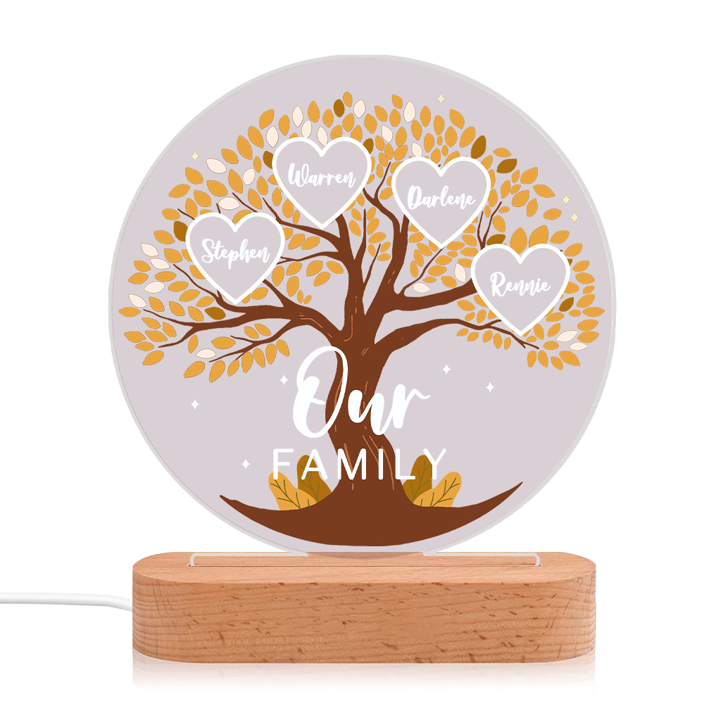 Lampe de chevet Arbre de Vie LED Lumières 4 Prénoms et 1 Texte Personnalisés pour Famille