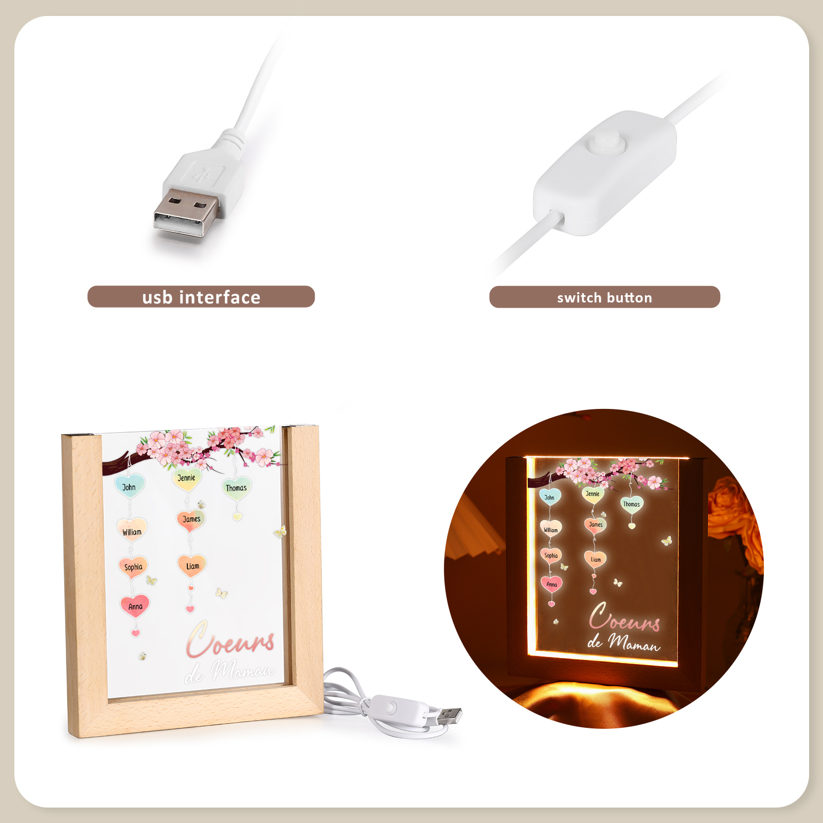 À Maman/Mamie - Lampe de chevet LED Arbre 8 Prénoms Personnalisés avec 1 Texte