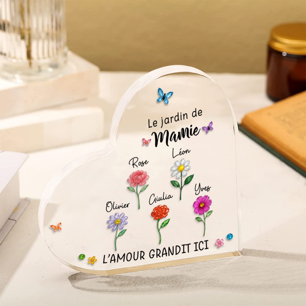 Plaque Acrylique Personnalisée Famille – Le Jardin de Maman ou Mamie avec Fleurs de Naissance et Prénoms des Enfants