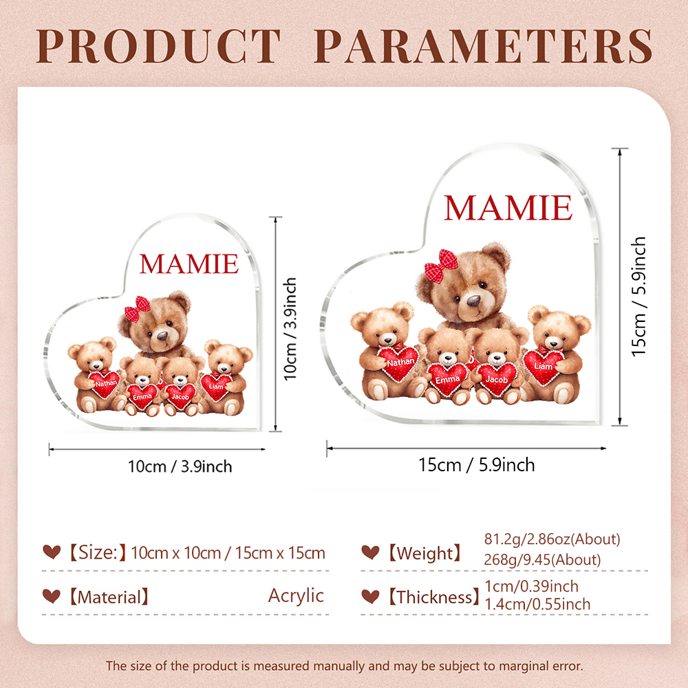 À ma Maman/Mamie - Plaque Acrylique Ours en Forme de Cœur 4 Prénoms Personnalisés avec 1 Texte