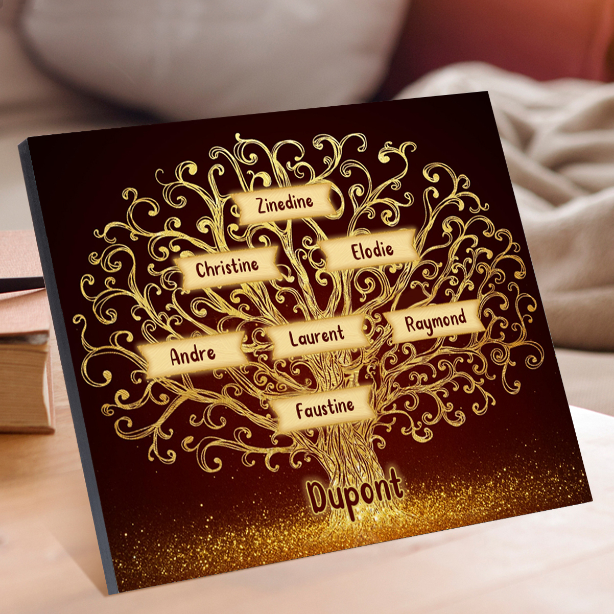 Cadre en Bois Arbre 7 Prénoms Personnalisés avec Texte Cadeau pour Famille