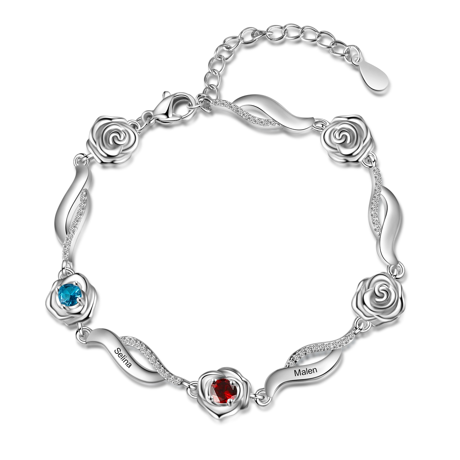 Bracelet Roses 1-5 Prénom Personnalisé avec 1-5 Pierre de Naissance cadeau pour femme anniversaire | Jessemade