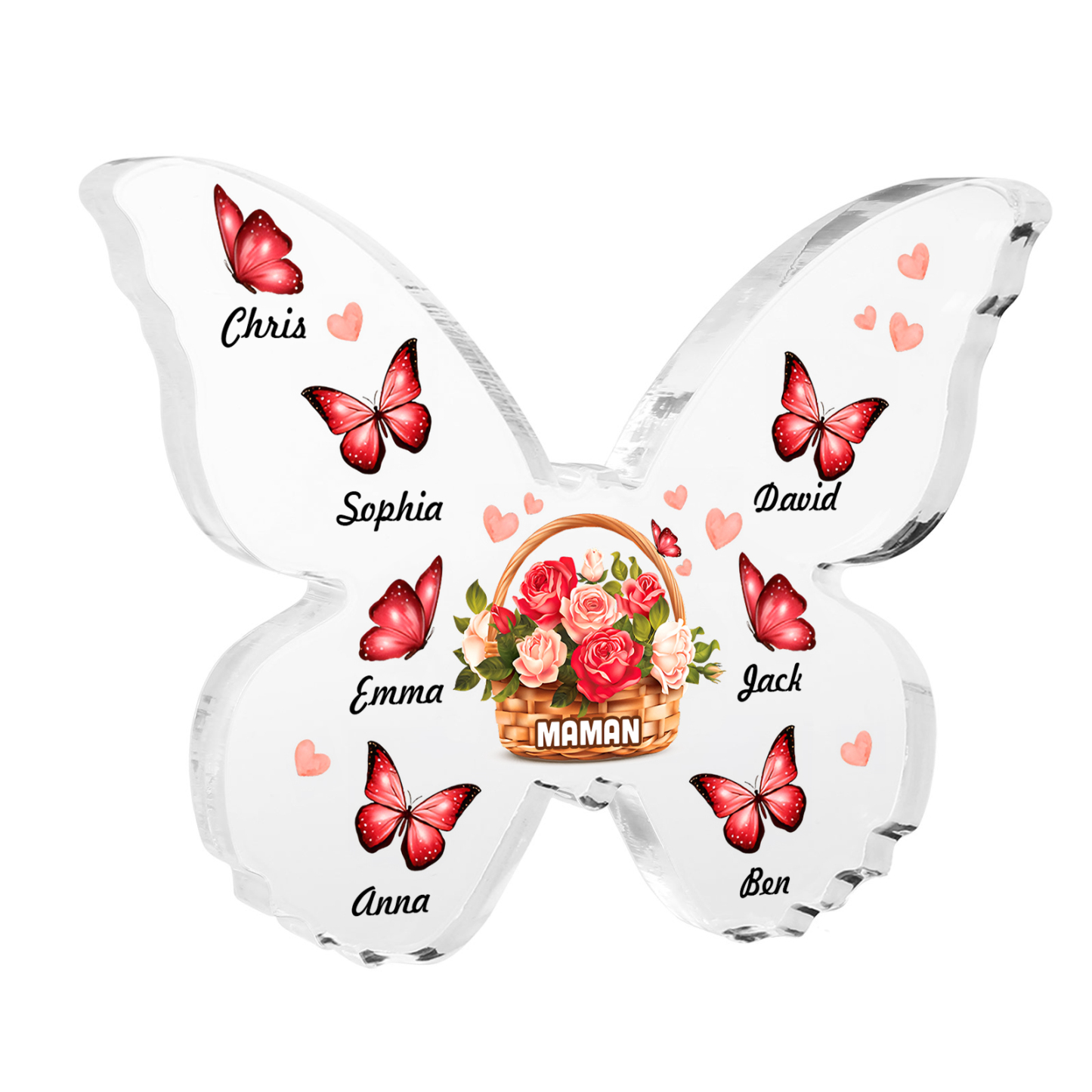 À Maman/Mamie - Plaque Acrylique en forme de Papillon 7 Prénoms et 1 Texte Personnalisés Decoration Fleurs et Papillons