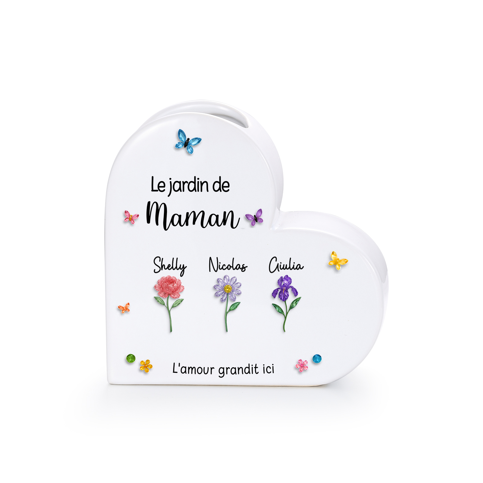 Vase Cœur en Céramique Personnalisé avec 1 à 10 Prénoms et Fleurs de naissance pour Maman/Mamie