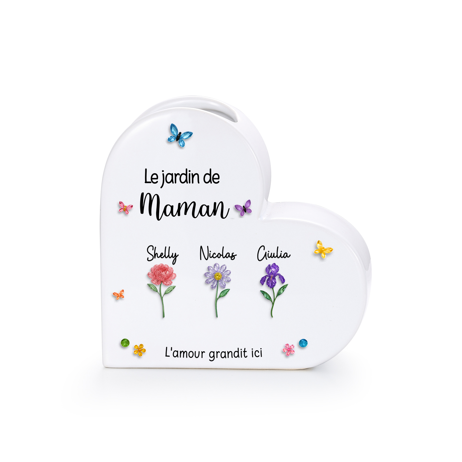 Vase Cœur en Céramique Personnalisé avec 1 à 10 Prénoms et Fleurs de naissance pour Maman/Mamie