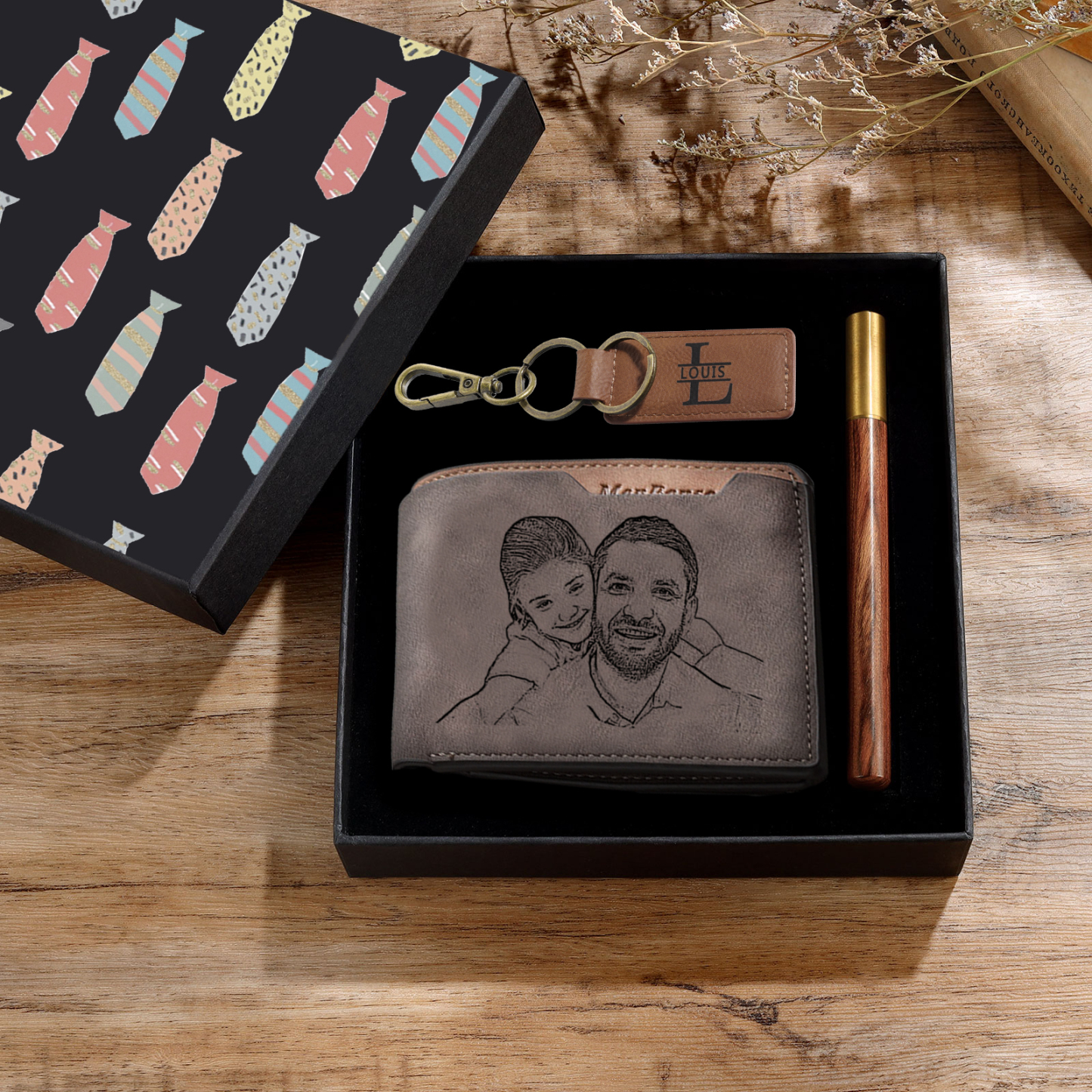 Coffret Cadeau 3PCS - Portefeuille classique Porte-Clés et Stylo 1 Photo et Texte Personnalisés avec 1 Prénom et Lettre Coffret Cadeau pour Homme