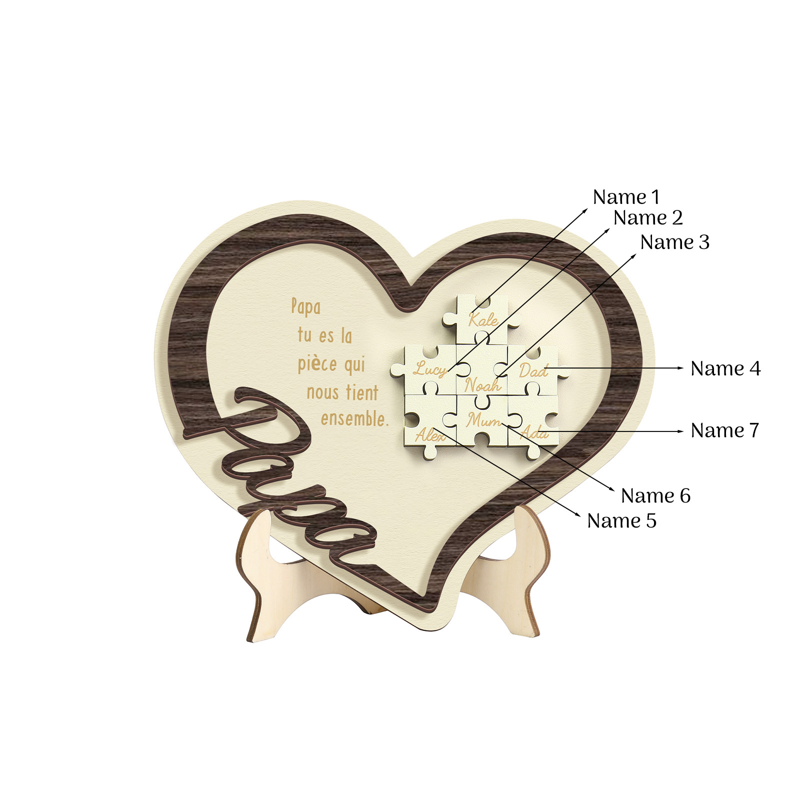 À mon Papa - Décoration en bois Cœur Puzzle 7 Prénoms Personnalisés Ornement pour Famille