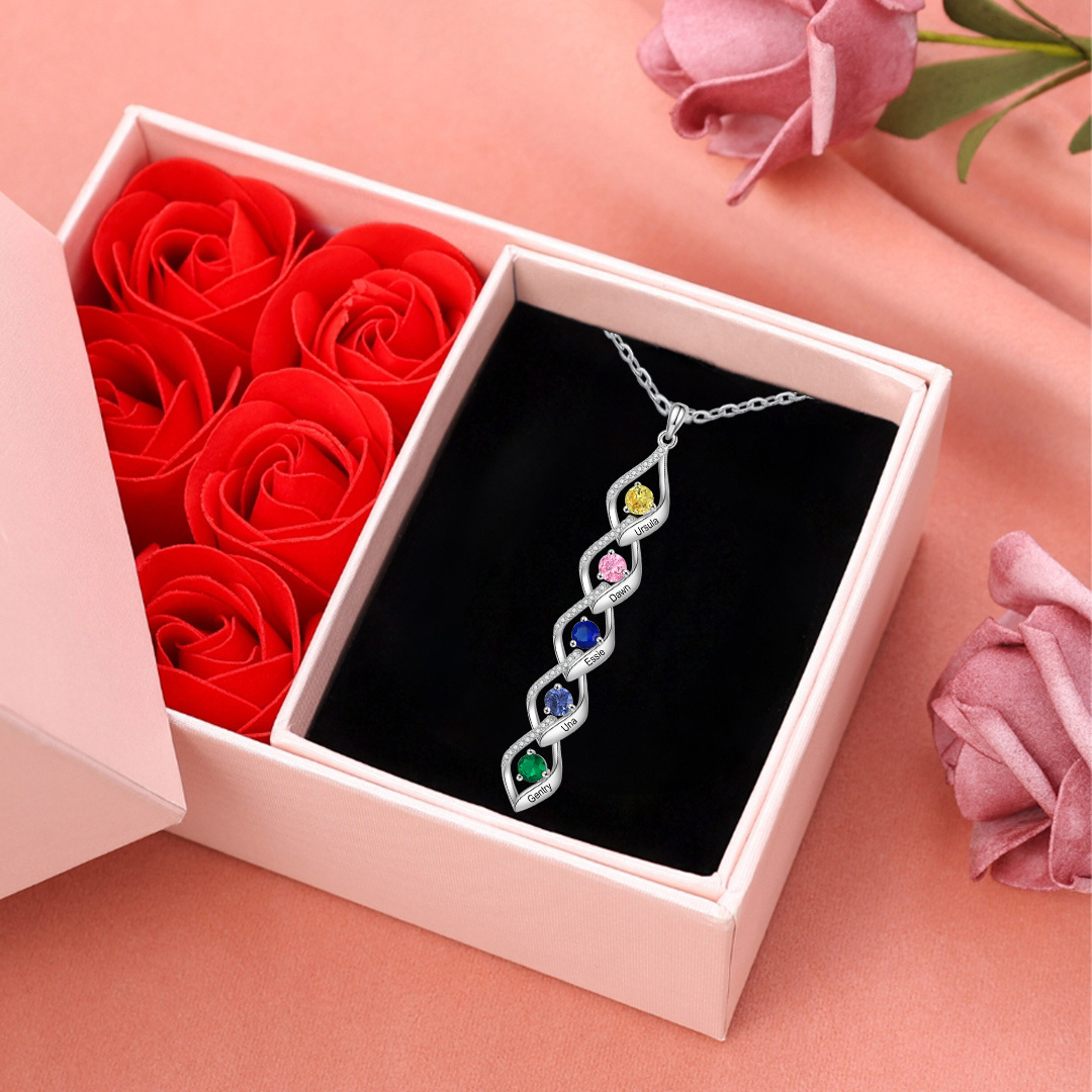 Collier Pendentif infini 5 Prénoms Personnalisés avec Pierre de naissance pour Femmes