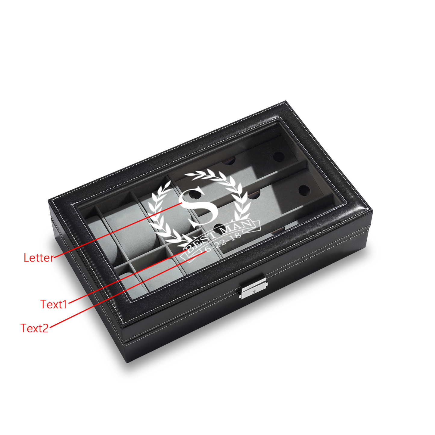 Boîte à Montre et Bijoux 1 Lettre et 2 Textes Personnalisés Coffret Cadeau pour Hommes
