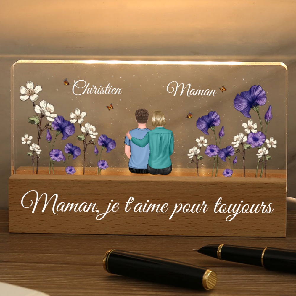 À Maman -  Lampe LED Personnalisés avec 2 Prénoms et Illustrations Fleurs Veilleuse Personnalisée pour Maman | Jessemade