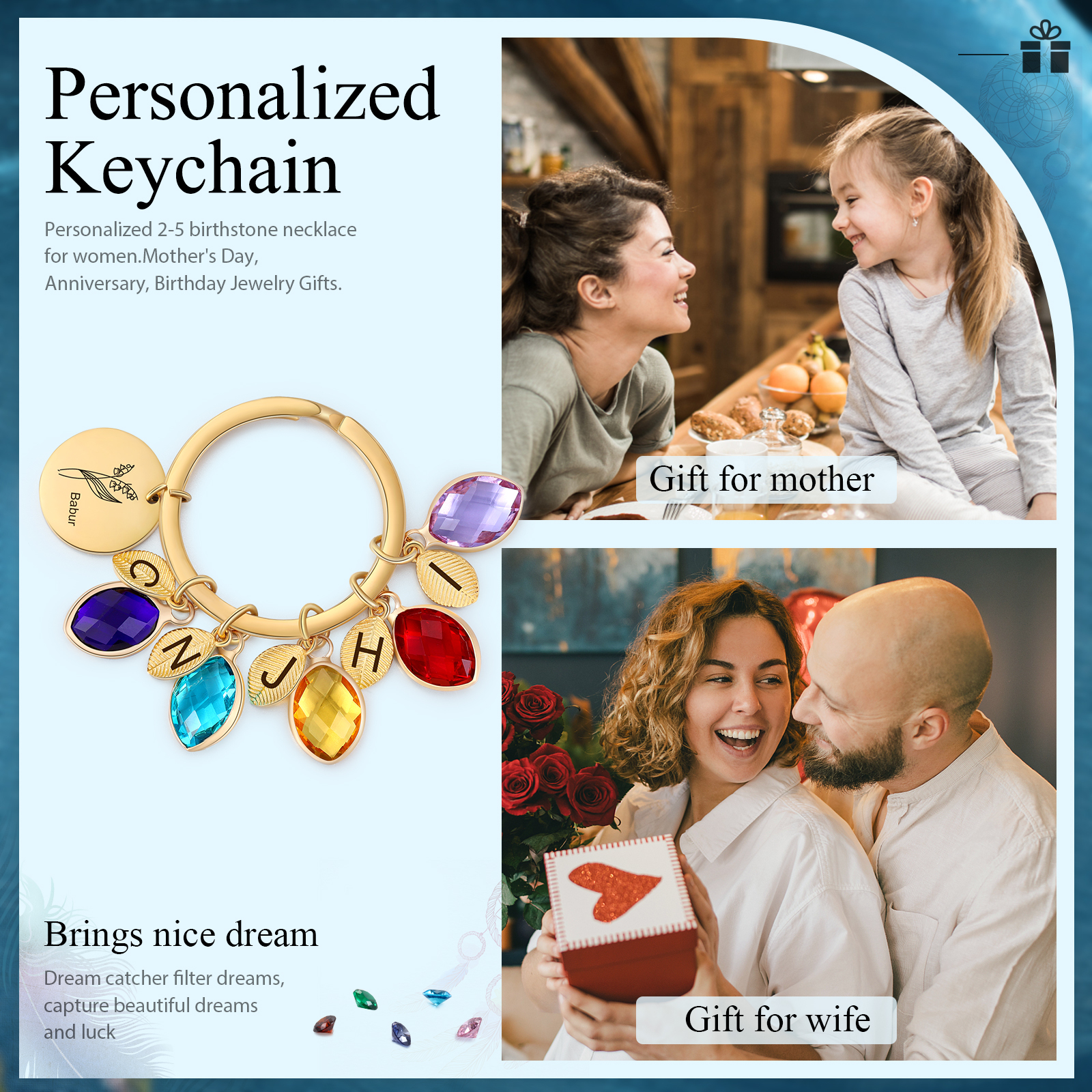 Porte-Clés Fleur de Naissance Feuilles 1 Prénom et 5 Lettres Personnalisés avec 5 Pierres de Naissance