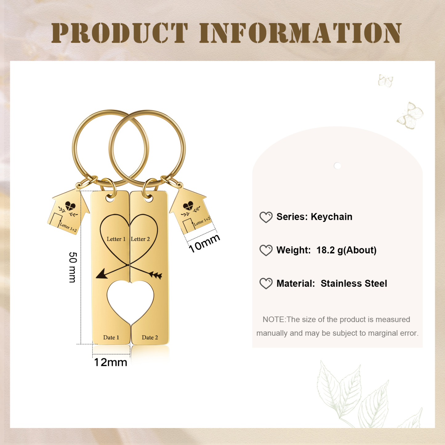 Porte-Clés 2 Lettres et 2 Dates Personnalisées pour Couple
