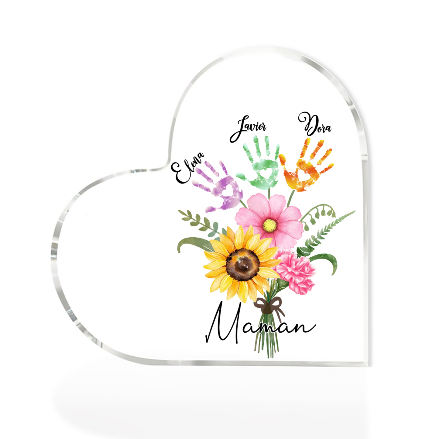 À ma Maman - Plaque Acrylique en Forme de Cœur fleurs 3 Prénoms Personnalisés
