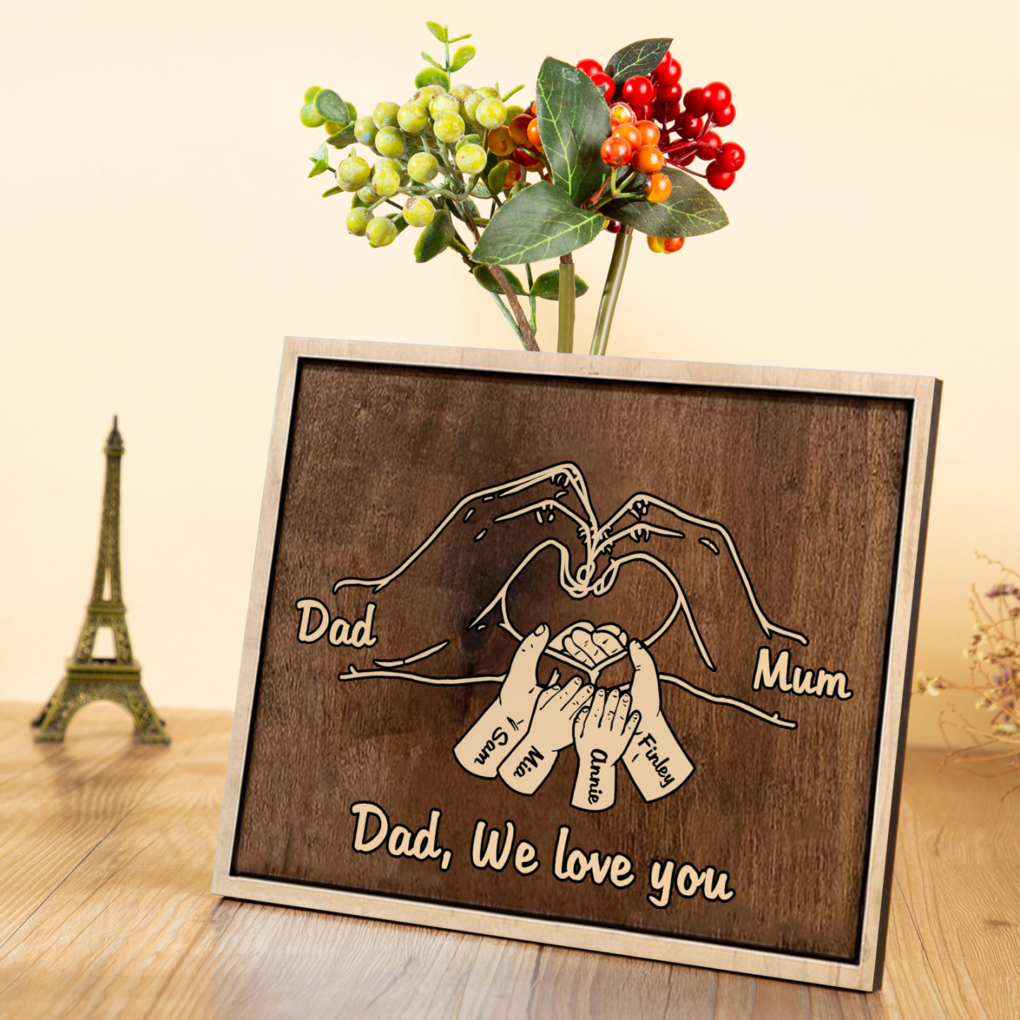 À Papi/Mamie - Cadre en Bois la Main dans la Main 6 Prénoms Personnalisés avec Texte Cadeau pour Famille