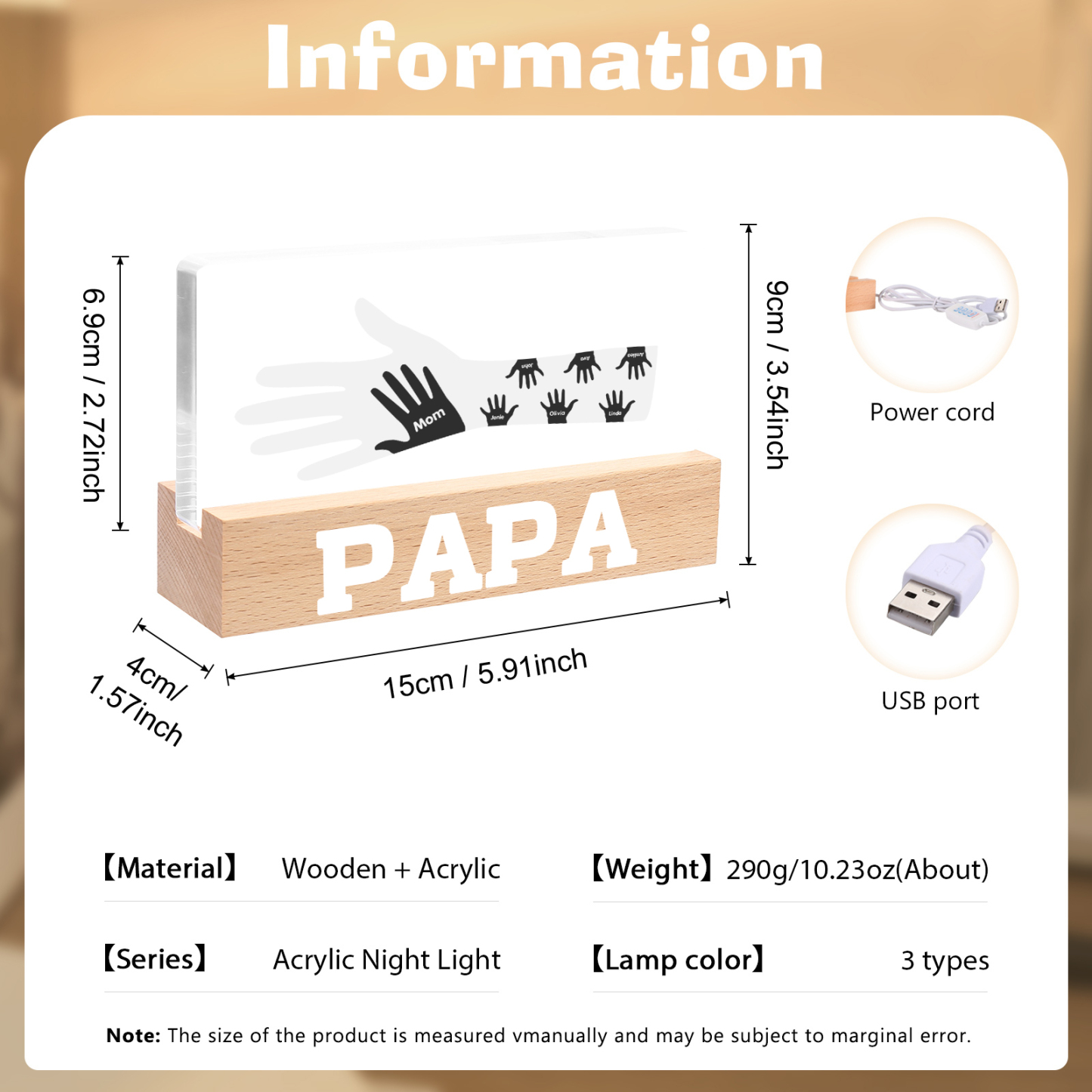 À Papa/Maman- Lampe de chevet LED Mains 7 Prénoms Personnalisés avec Texte pour Famille