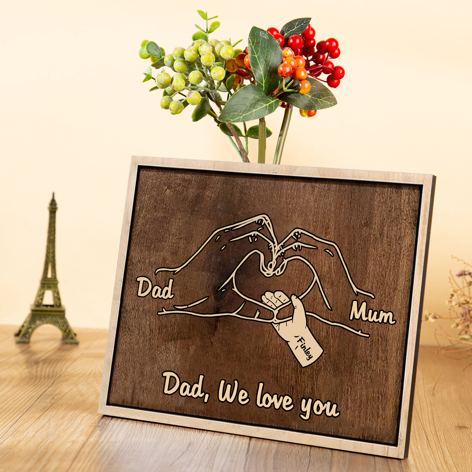 À Papi/Mamie- Cadre en Bois la Main dans la Main 3 Prénoms Personnalisés avec Texte Cadeau pour Famille