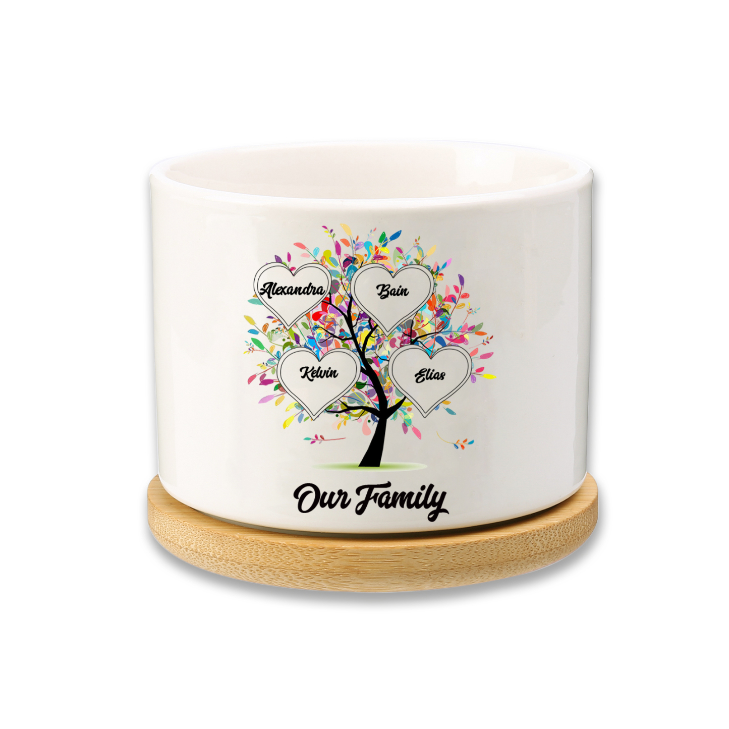 Vase/Pot de Fleurs Arbre 4 Prénoms Personnalisés avec Texte Décoration de la Maison (sans plantes)