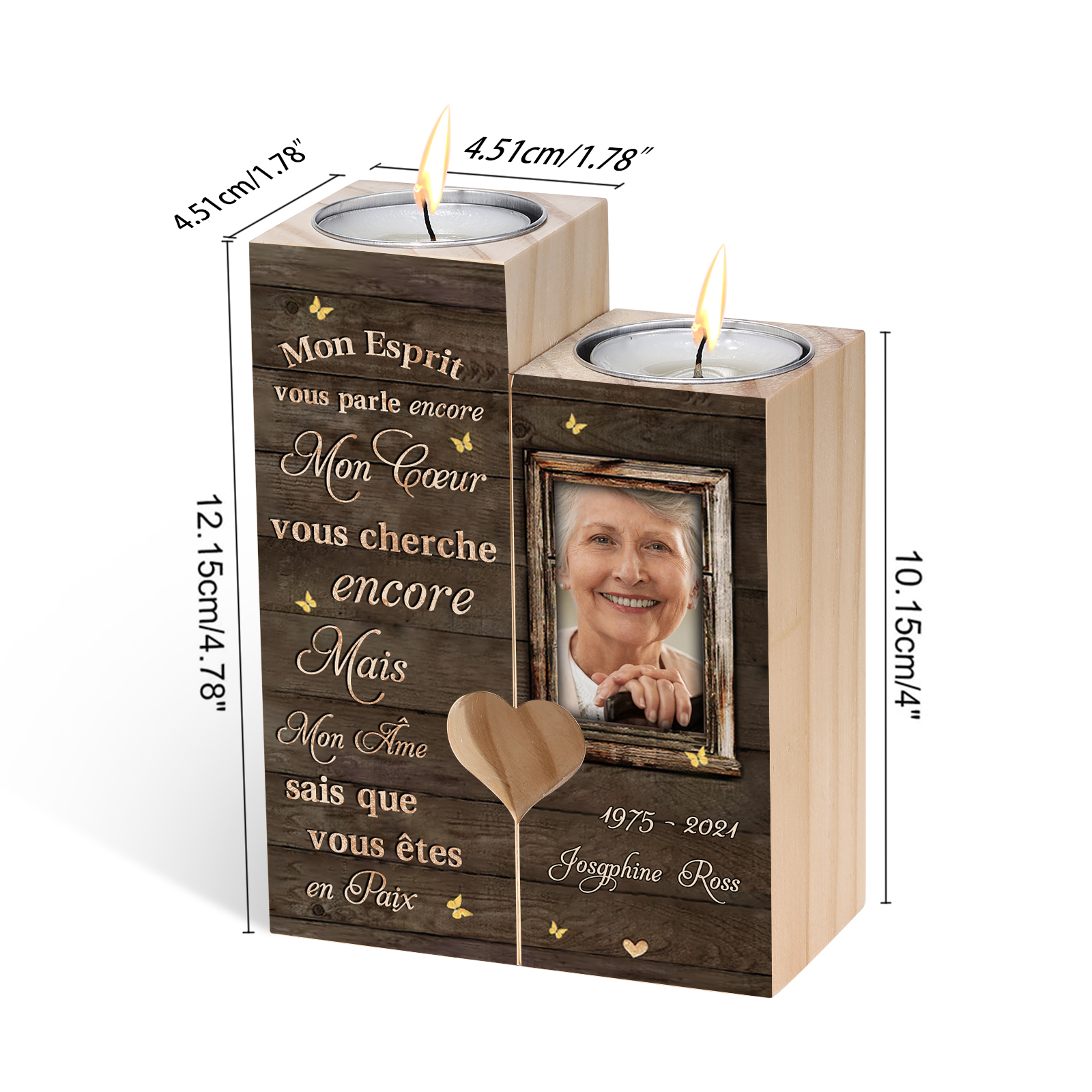 Bougeoir en Bois Commémoratif 1 Prénom et Photo Personnalisé avec Date sans bougie